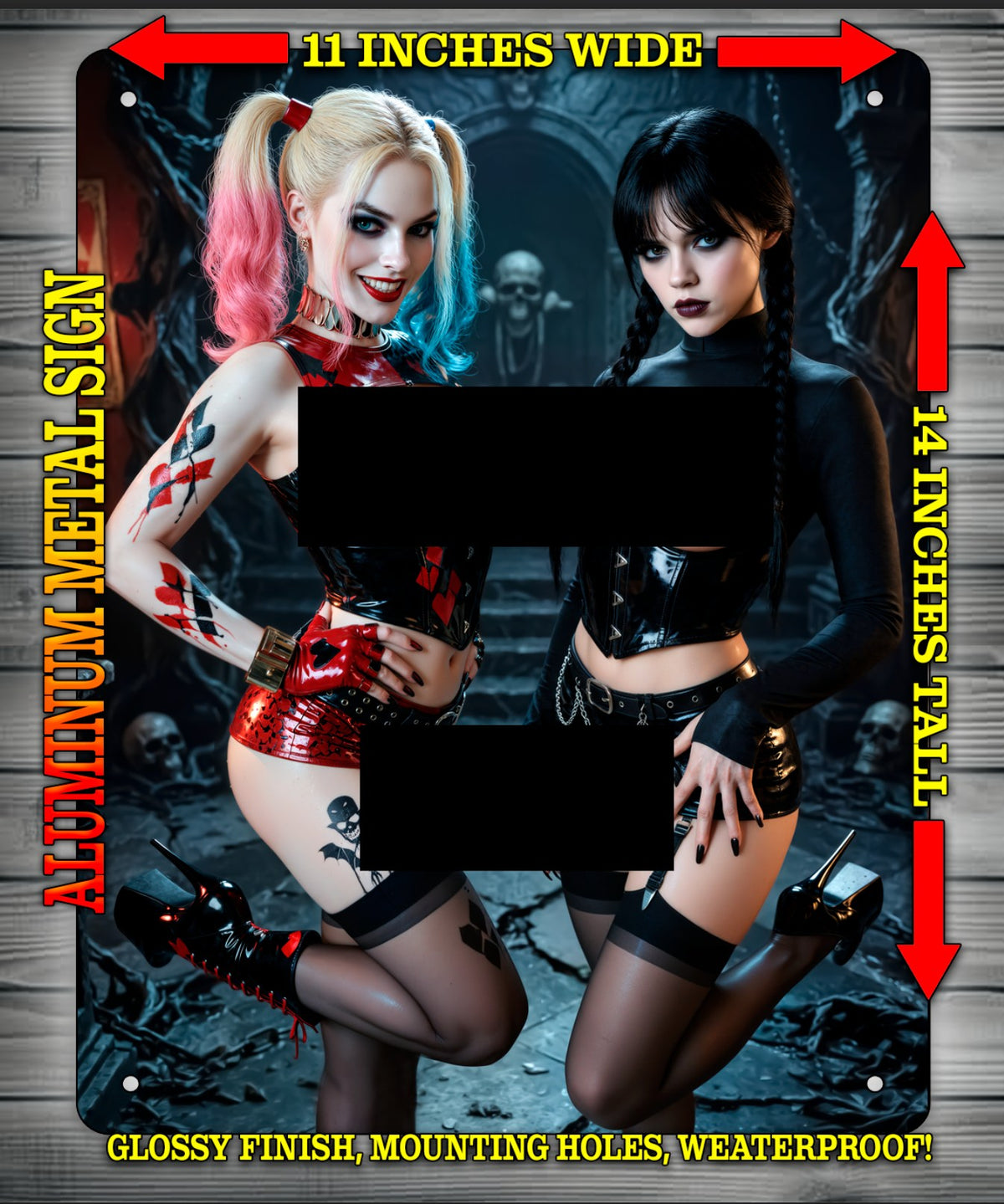 HARLEY QUINN & WEDNESDAY NOTI OR NICE Metal Sign Wall Art 14" x 11"