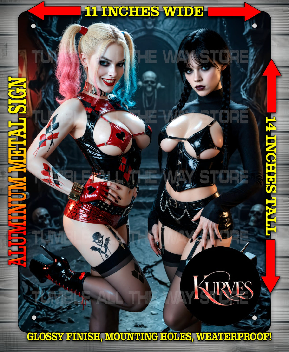 HARLEY QUINN & WEDNESDAY NOTI OR NICE Metal Sign Wall Art 14" x 11"