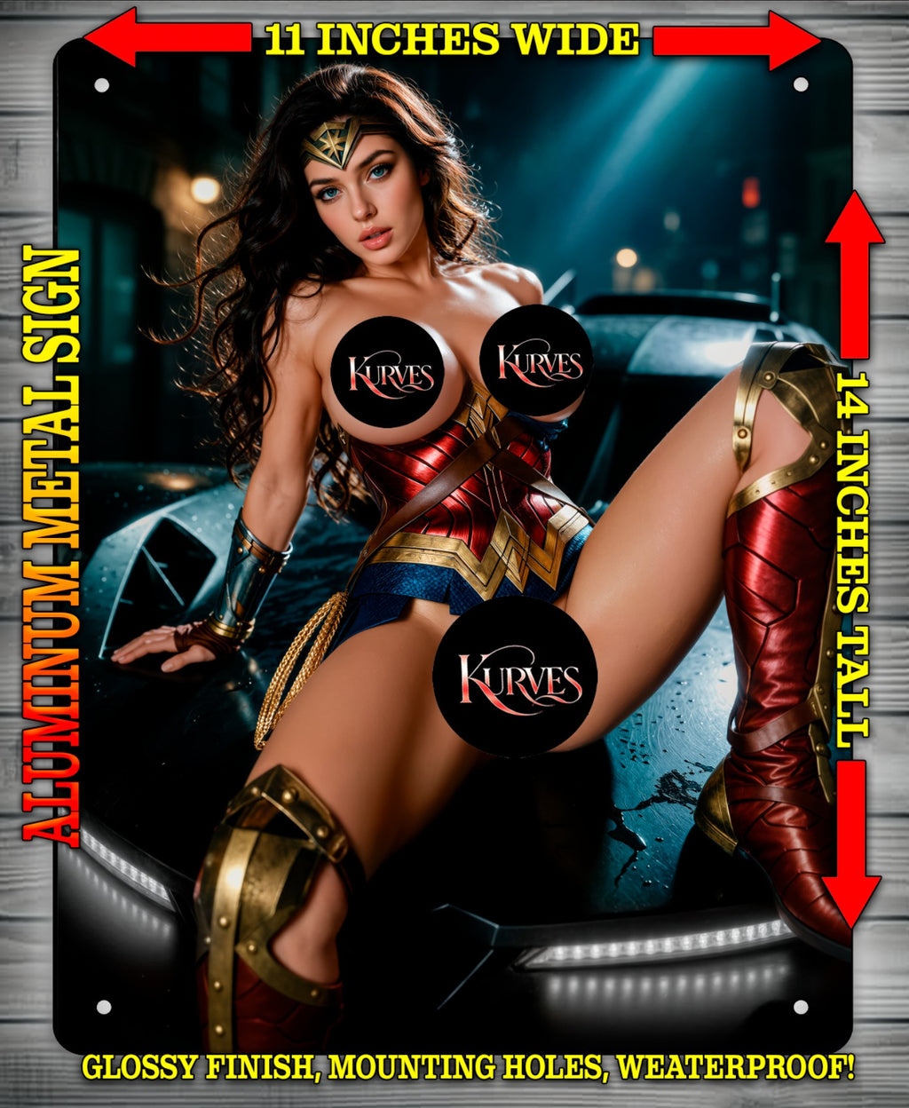 WONDER WOMAN ON BATMOBILE NOTI  Metal Sign Wall Art 14" x 11"