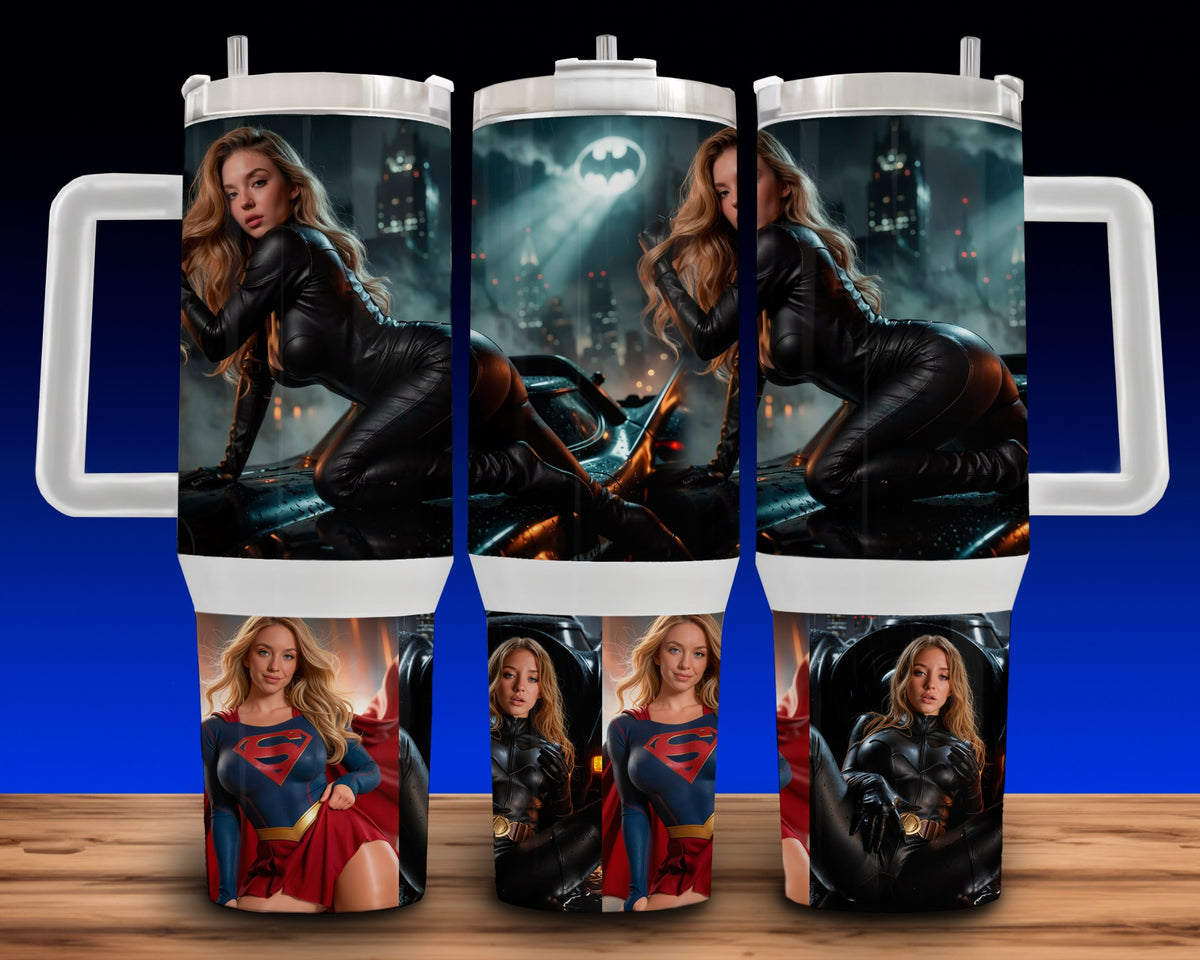 40oz  SYDNEY BATGIRL - SUPERGIRL STAINLESS STEEL CUP MUG TUMBLER WITH HANDLE