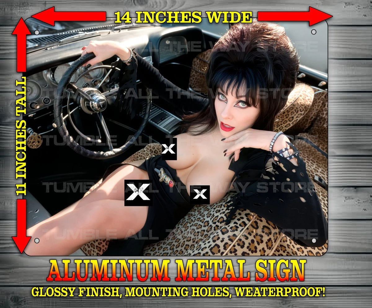 ELVIRA IN MACABRE MOBILE NOTI Metal Sign Wall Art 14" x 11"